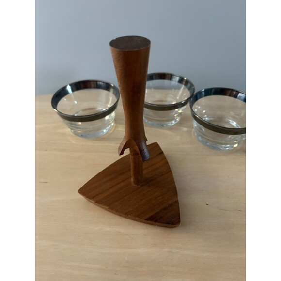 Vintage Libbey 3 Piece Glass Bowl Condiment Set w/ Wood Caddy MCM Mid Century 50 - Picture 9 of 15